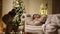 Silhouette of woman in santa hat putting gift box under xmas tree, sleeping kid