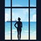 Silhouette of woman standing looking to sea view with boat from her apartment big window