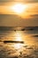 Silhouette wooden boats on beach shore at sunset, Chonburi