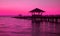 Silhouette of wooden pavilion on the pier at sunset in vivid purple pink tone