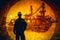 A silhouette of a worker in a hard hat standing in front of an oil rig, overlaid with an image of a globe, symbolizing the global