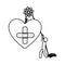 Silhouette worker with pulley holding heart band aid in cross form