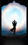 Silhouette yoga meditation, universe, portal, nebula, healing, human body energy beams