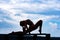 Silhouette of young beautiful woman in sports outfits doing stretching before workout outdoor. Fit body and mental