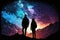 Silhouette of young couple hiker standing at the top of hill at night, created with Generative AI technology