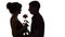 Silhouette of a young couple in love on white isolated background, man gives a woman a rose flower, concept love