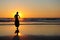 Silhouette of young girl on the background of sunset by the sea. Figure of a woman in the rays of setting sun. Beautiful sunset,