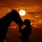 Silhouette of a young girl with horse giving him a kiss over sunset background