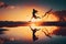 A silhouette of a young girl jumping on the beach at sunrise, with reflection in the water. Created with generative AI technology.