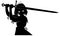 Silhouette of a young girl knight with a square hairstyle, standing in a fighting position with a two-handed sword claymore, she