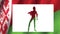 Silhouette of a young gymnast on white against the background of the flag of the Republic of Belarus