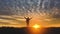 Silhouette of a young happy girl with a backpack holding her hands up the sportswoman. Cheering successful woman hiker