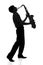 Silhouette of a young man playing a wind instrument on isolated background