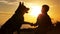 Silhouette of a young man shaking paw his favorite dog in a field at sunset, boy with a purebred pet German Shepherd walking on