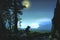 Silhouette of a young man who sits on the edge of the observation deck and enjoying night landscape with starry sky and full moon