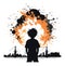 Silhouette of young person with messy hair standing before explosive splash of orange and black ink. City skyline and