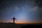 Silhouette of young traveler and backpacker watched the star and milky way alone on top of the mountain. He enjoyed traveling and