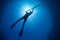 A silhouette of a young woman spearfishing