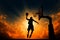 Silhouetted basketball player soars high in an impressive, dynamic jump