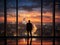 Silhouetted businessman gazes over urban skyline