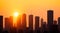 Silhouetted city skyline with skyscrapers against a warm, urban sunset