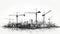 Silhouetted Cityscape: Construction Cranes Towering over Urban Structures on a White Canvas. Generative ai