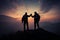 Silhouetted climbers atop a mountain peak, flag waving, symbolize triumphant success