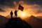 Silhouetted climbers with flag celebrate victorious success atop majestic mountain