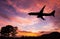 Silhouetted commercial airplane flying