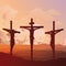 Silhouetted crucifixion of Christ at dawn