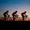 Silhouetted cyclists at dusk, adventure and fitness, twilight ride