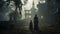 Silhouetted female and child figures walking in front of a foggy Southern Plantation antebellum mansion on