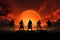 Silhouetted figures engage in a fierce battle from behind