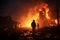 Silhouetted firemen confront raging inferno, burning debris