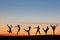 Silhouetted group tumbling and dancing in sunset