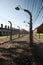 Silhouetted lamp and barbed wire, Auschwitz