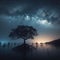 Silhouetted mangrove tree sits in lake under the Milky Way