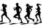 Silhouetted one male and three female runners running on white background illustration.