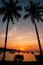 Silhouetted palm trees and boats at sunrise on Ao Ton Sai, Phi P