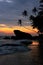 Silhouetted palm trees and rocks at sunset, Unawatuna, Sri Lanka