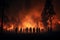 Silhouetted people witness forest fire at night