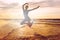 Silhouetted photo of a girl jumping on the beach at the sea shore on a sunset background