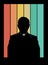 A silhouetted Roman Catholic priest is seen in front of a background of colored stripes