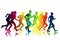 Silhouetted runners in multi-color illustration on white background.