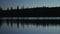 Silhouetted trees reflect in glassy lake during early morning blue hour.