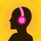 Silhouetted woman with headphones. Eighties retro party music background