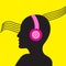 Silhouetted woman with headphones. Eighties retro party music background