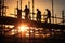 Silhouetted workers on scaffold, laboring under intense sunlights shadowy embrace