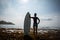 Silhouetted young woman surfer girl with white surfboard