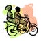 Silhouettes of African black people on a motorcycle against a tricolor flag: green, yellow, red.